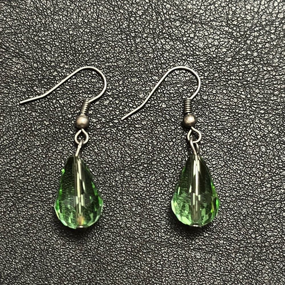 Green Faceted Teardrop Crystal Wire Back Earrings